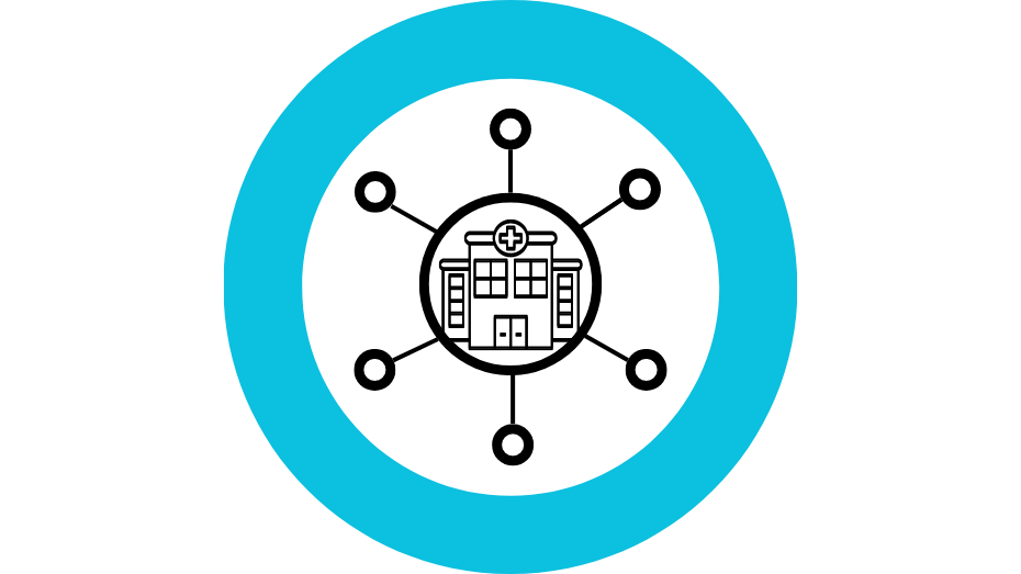 icono línea negra con círculo central y hospital en el interior y de ahí salen líneas en distintas direcciones que acaban en un circulito